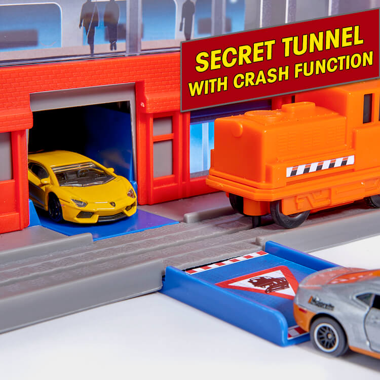 Garage Super City Majorette avec 6 voitures et 1 train - 7 niveaux